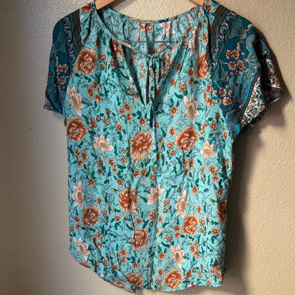 SHEIN Teal and Orange Floral Blouse